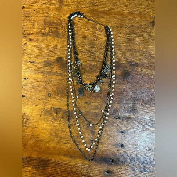 Multi-strand Necklace Faux Pearls, Owl, Butterfly, Leaves, Flowers, Heart, Gems - Picture 4 of 8